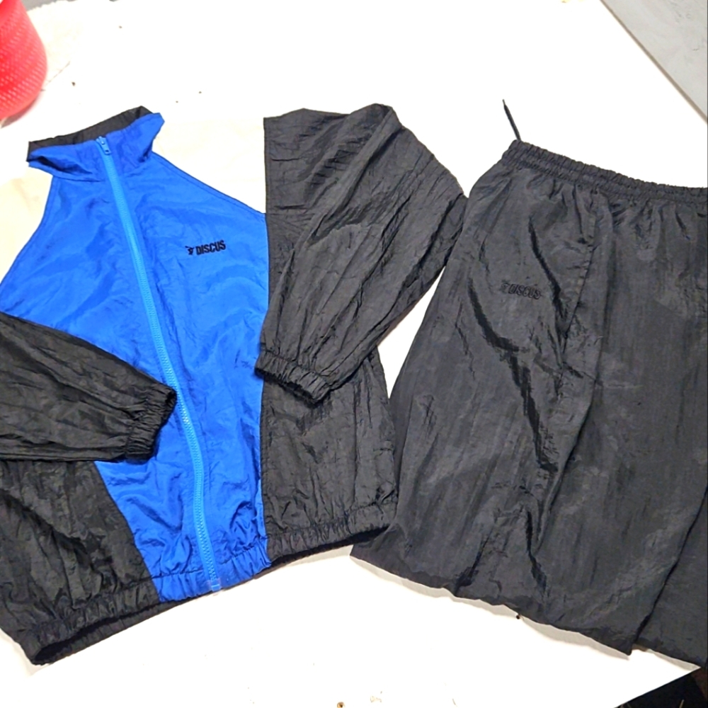 Vintage Discus Athletic Tracksuit Mens Medium Black Blue Joggers & Jacket Set